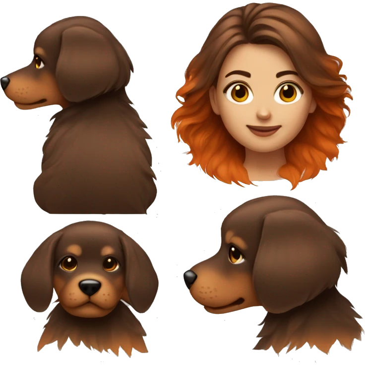medium hair brunette girl holding dark orange color fur puppy emoji