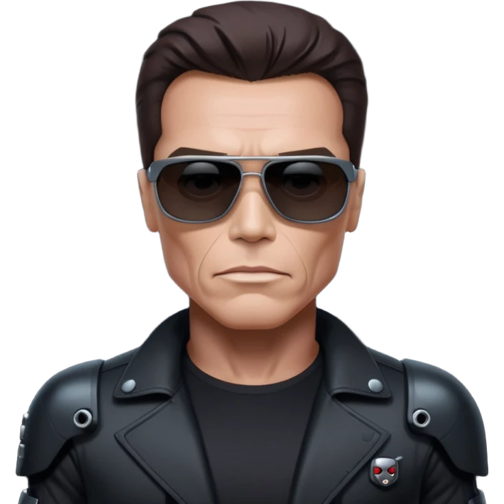 Schwarzenegger-like Terminator, upper body only, wearing his iconic clothes in black (all clothes must be black), looking human but with robotic details, and wearing dark sunglasses, hair must be dark
 emoji