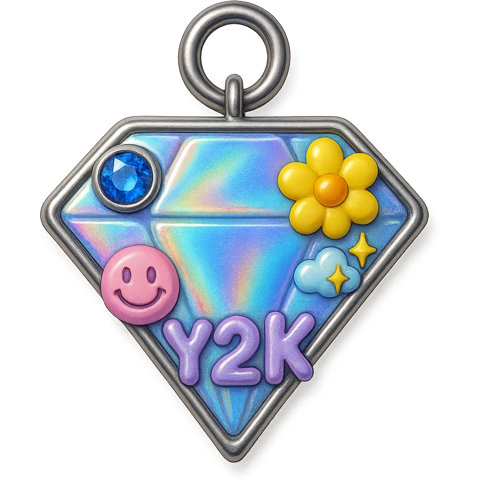 convert to a Y2K style charm: add a silver jump ring to the top for attaching to a bracelet or necklace, keep the holographic diamond, blue sapphire accent, and playful Y2K details, 3D emoji style emoji