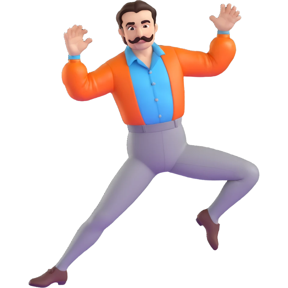 character inspired by Ilya Prusikin from Little Big's Eurovision 2020 'Uno' performance, slicked back shiny dark brown hair, thin handlebar mustache, light blue shirt with exaggerated puffed sleeves, deadpan but cheeky expression, stiff-armed theatrical dance pose emoji