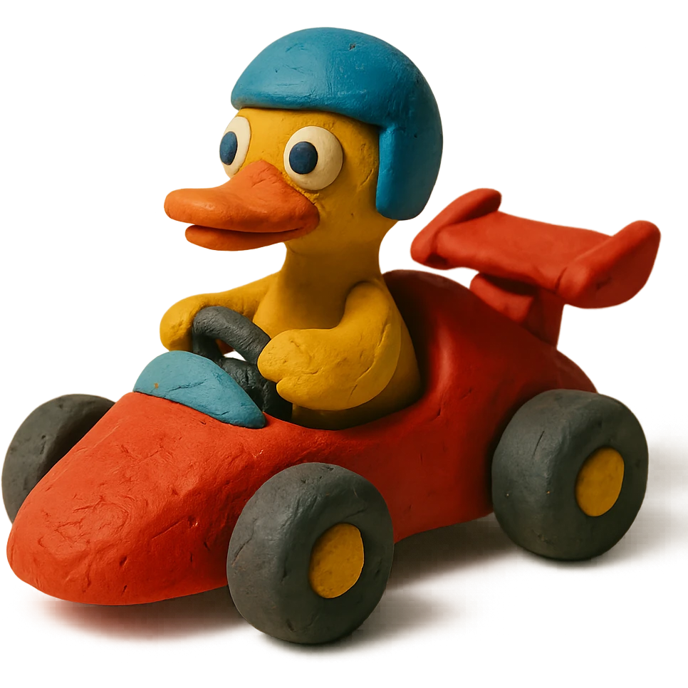 cartoon duck driving a race car in claymation style emoji