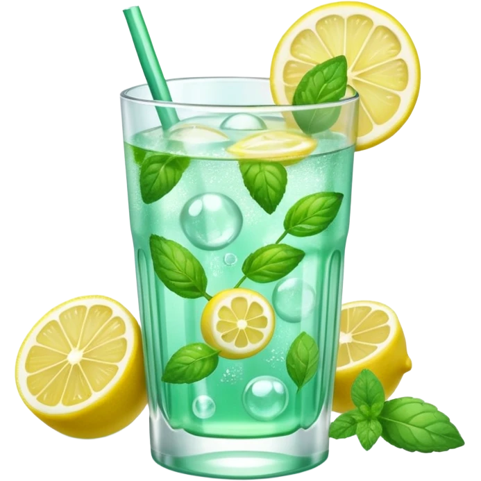 A 3D cartoon transparent glass with sparkling lemon mint drink, bubbles, mint leaves and lemon slice, clear ice, realistic condensation, Memoji-style detail. emoji