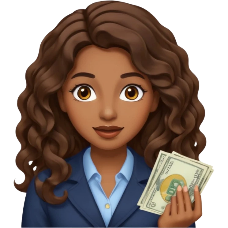 She has long, brown hair styled in soft wavy curls with a middle part. She has well-shaped eyebrows and dark brown eyes. She is wearing light makeup that highlights her natural beauty and is offering a slight smile to the camera. She is surprise when it comes to money emoji