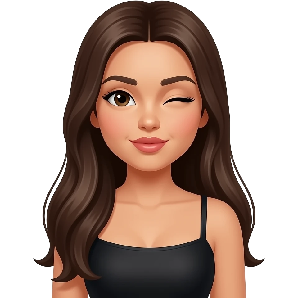 rich long straight hair burnet latina woman winky and kissy face wearing cute black tube dress emoji