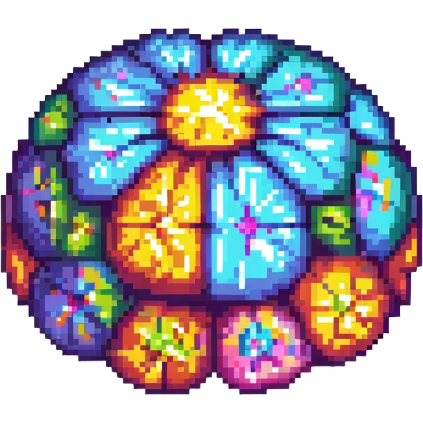 Add a colorful, vibrant core to the brain, making the center of the crystal brain glow with multiple bright colors, in pixel art style, with no background. emoji