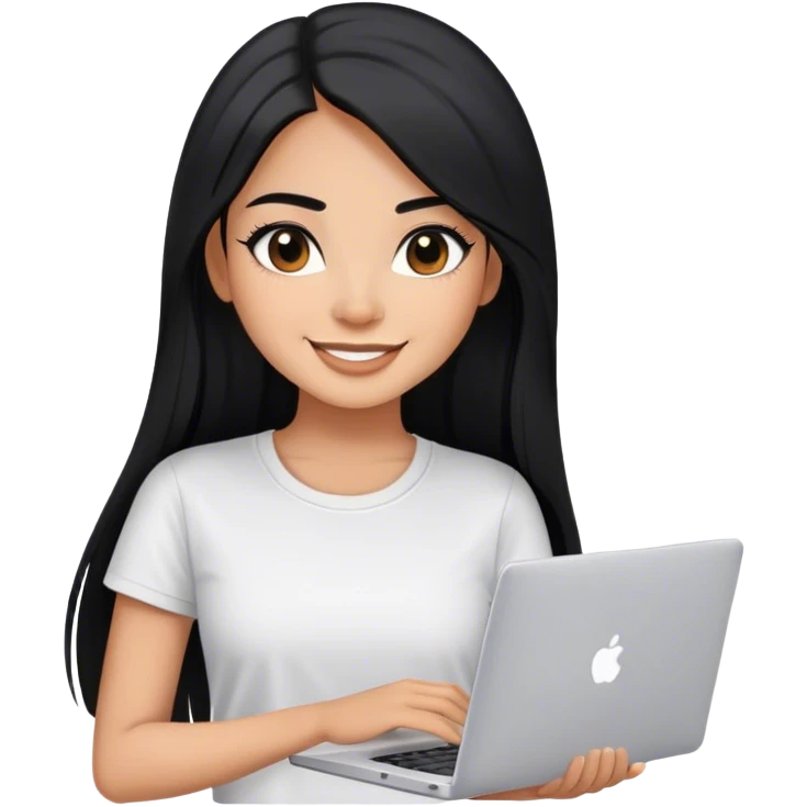 beautiful girl, with long straight black hair, with light make up, black eye liner, smiling, mexican, brown skin, with laptop, with white tee, she stand up emoji