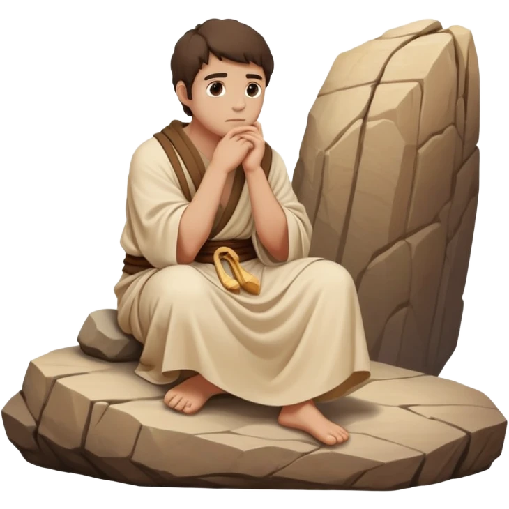 philosopher sitting on a rock in deep contemplation, chin resting on hand, wearing traditional ancient Greek robe, beige and brown tones only emoji
