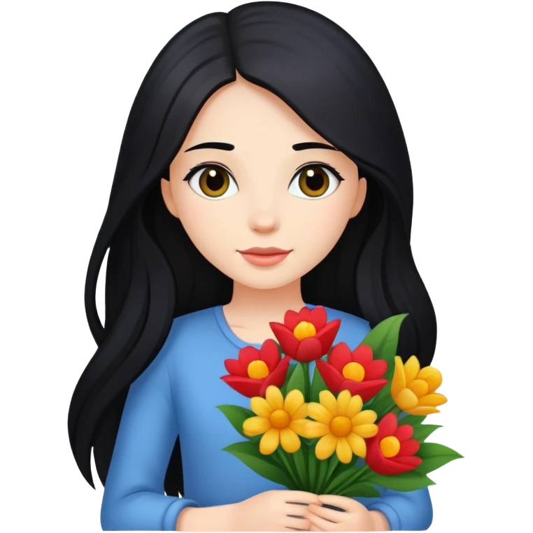 beautiful girl with long black hair holding a bouquet of flowers emoji