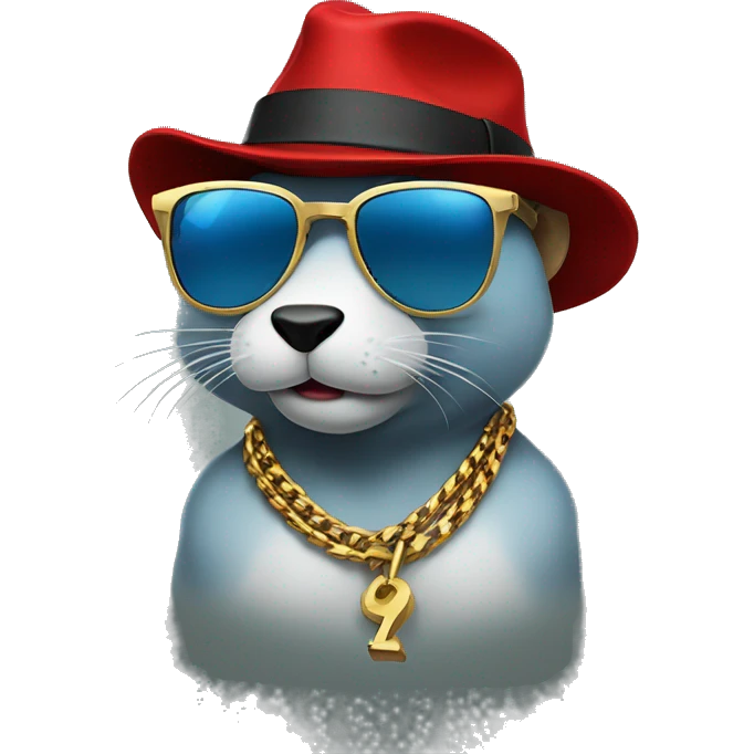 a gangsta blue gopher with a gold chain and cool sunglasses and a red hat emoji