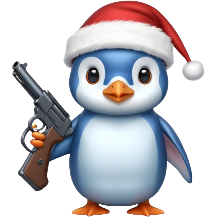 Pingüino azul con gorro navideño y una pistola pequeña  emoji