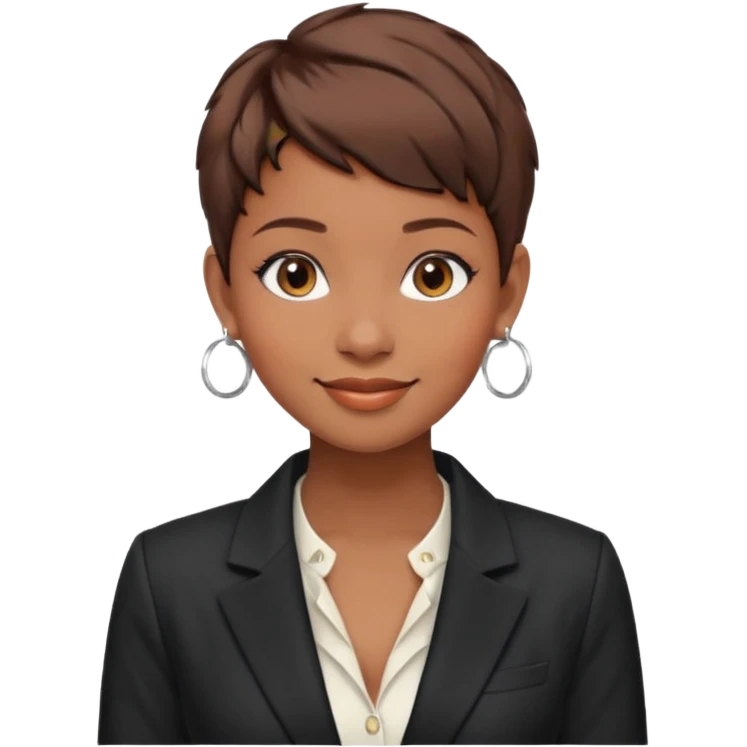 young fashionable woman, pixie cut brown hair, wearing a blazer and hoop earrings, confident look emoji