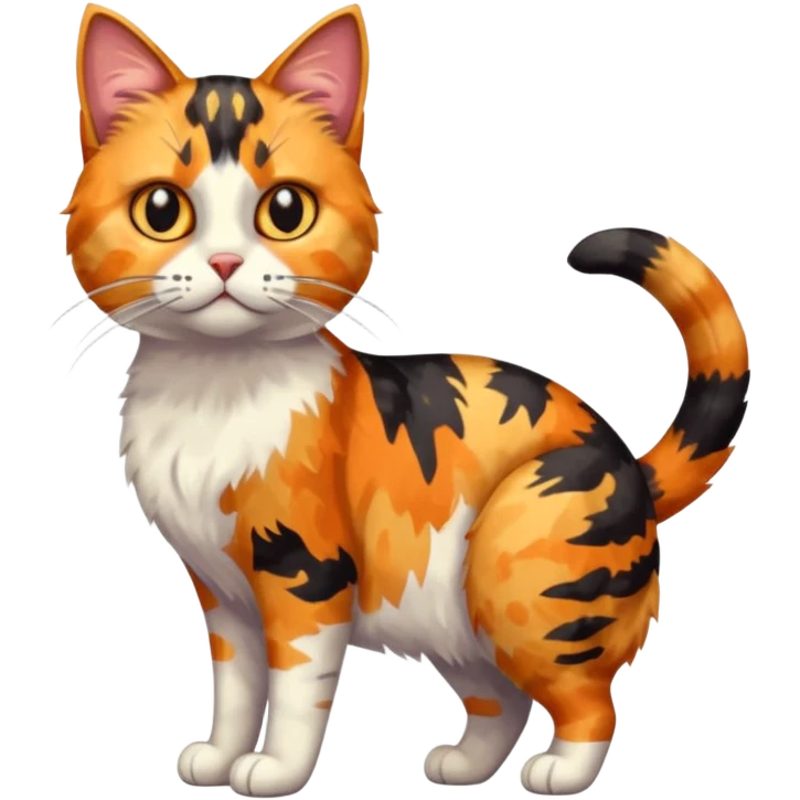 full body anxious looking colourful light calico tabby cat with large patchy patterns emoji