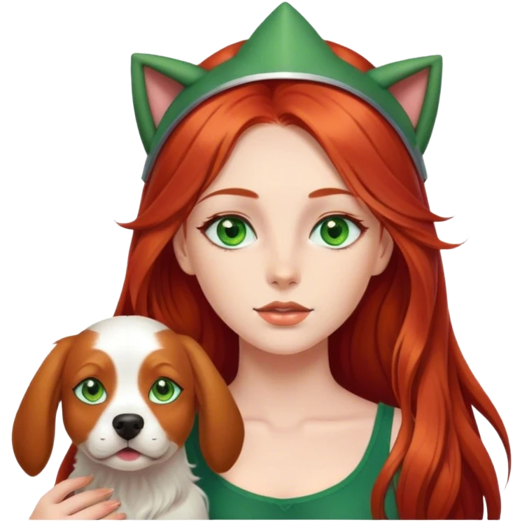 girl with long redhead with green eyes with the dog on the head  emoji