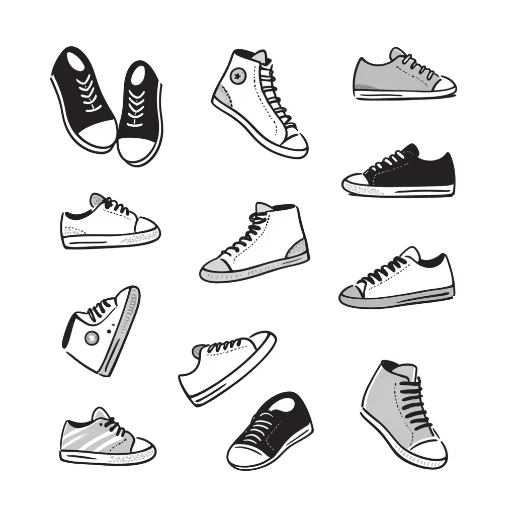 Canvas sneakers/casual shoes in pastel colors (dd9fb0, ffc6d3, a3bfc9, c4bee2, f1b091), hand-drawn doodle style emoji