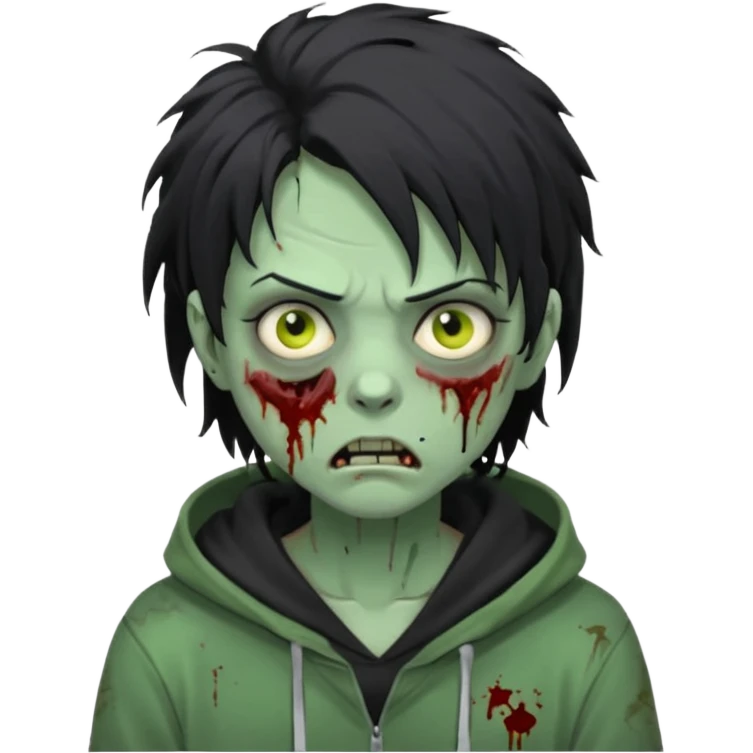 zombie with black messy hairstyle, tired face, bruises under the eyes, black hoodie emoji