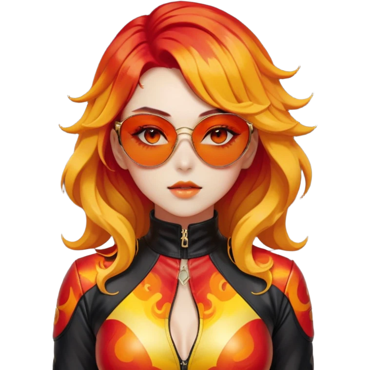 Beautiful gorgeous anime lady with beautiful fiery long warm-red-orange-yellow-gradient-wavy-special-hair, fashion aesthetic, black sunglasses, accessories, gold jewelries, red-and-yellow sunny-pattern-eyes, black latex-suit, biker-woman, cool, badass emoji