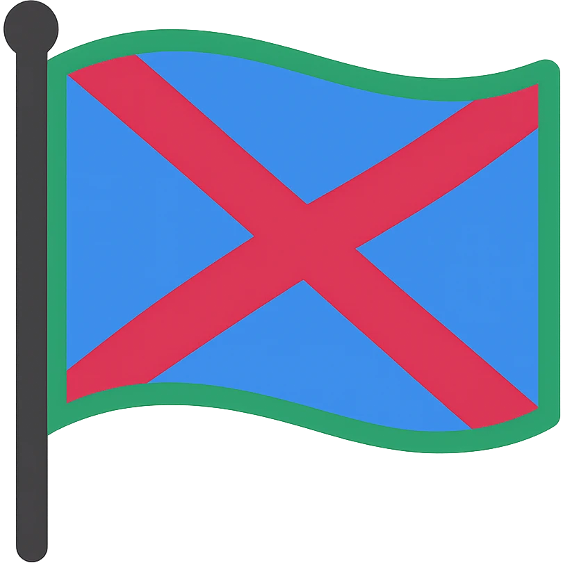 flag with simple and bold design featuring a blue field, a crimson diagonal cross, and a green border emoji