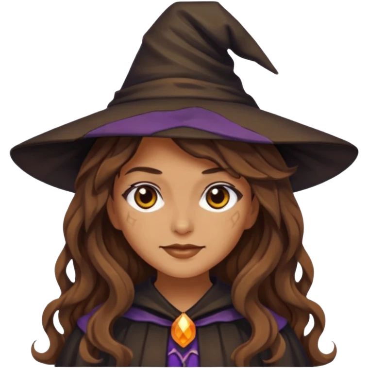 Pixalated witch girl with brown long wavy hair without hat. emoji
