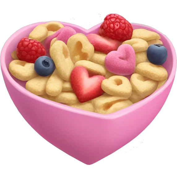 A bowl of pink heart-shaped cereal and fruits. emoji
