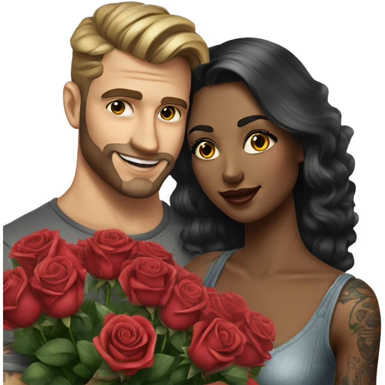 Hyper Realistic beautiful woman receiving a gift and a bouquet of roses from a handsome tattooed man  emoji