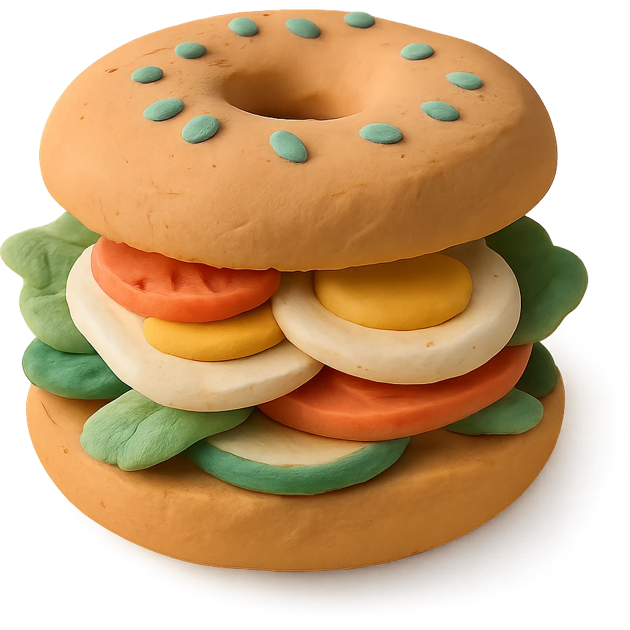 bagel sandwich with eggs and vegetables, trendy Pinterest look, soft colors emoji