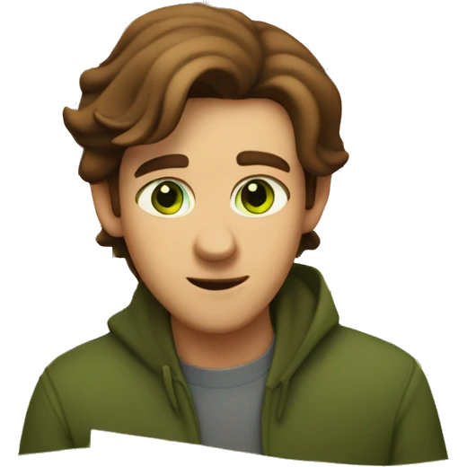 a light-skinned green-eyed man with brown hair sitting in front of the paper scroll  emoji