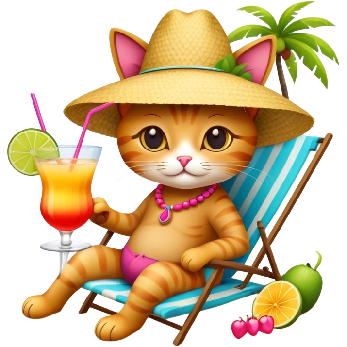 Cat with sunhat relaxing on beach with colorful mai tai cocktail emoji