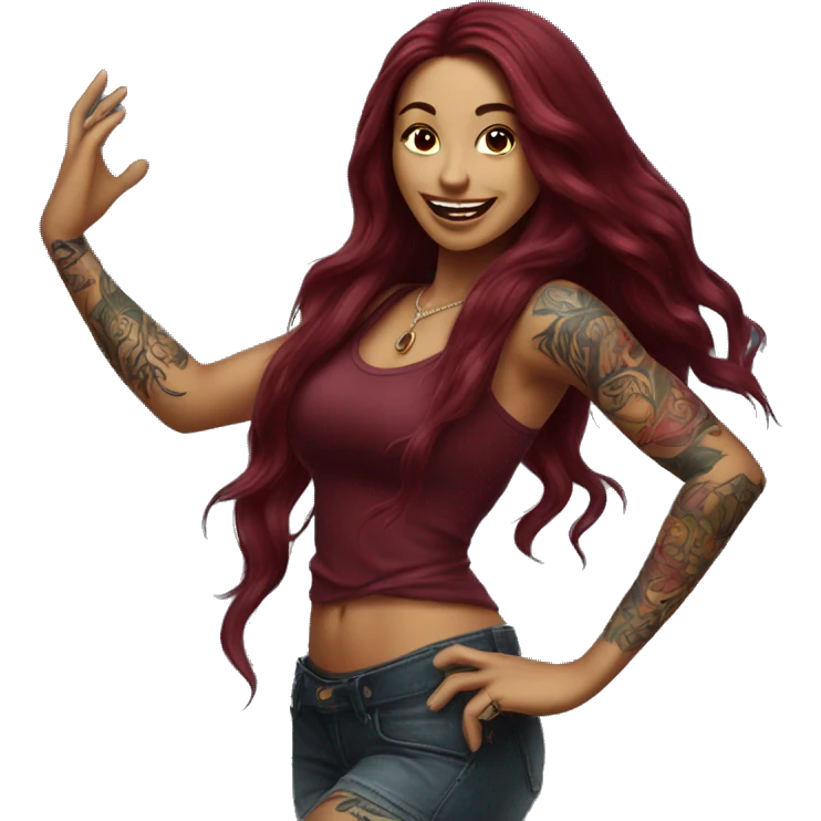 Beautiful tattooed burgundy long haired woman dancing emoji