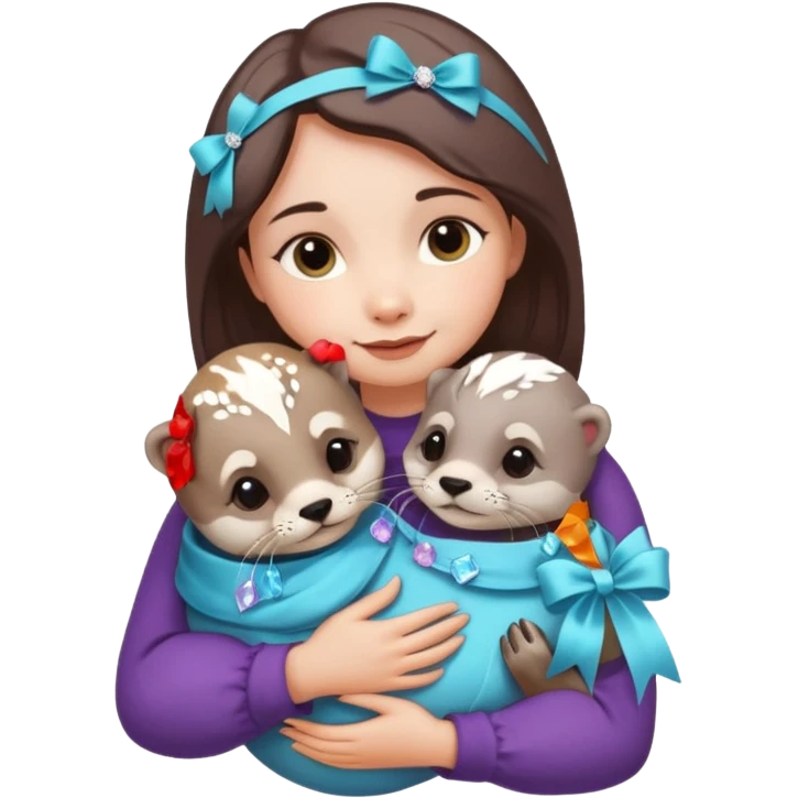 woman hugging baby otters with ribbons and crystals emoji