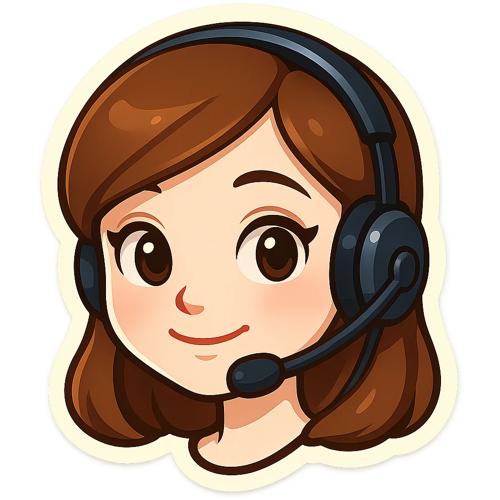 cute girl in Telegram sticker style, very pale skin, neat facial features, large expressive eyes, soft smile, headphones or virtual assistant headset, white background, head only without neck emoji