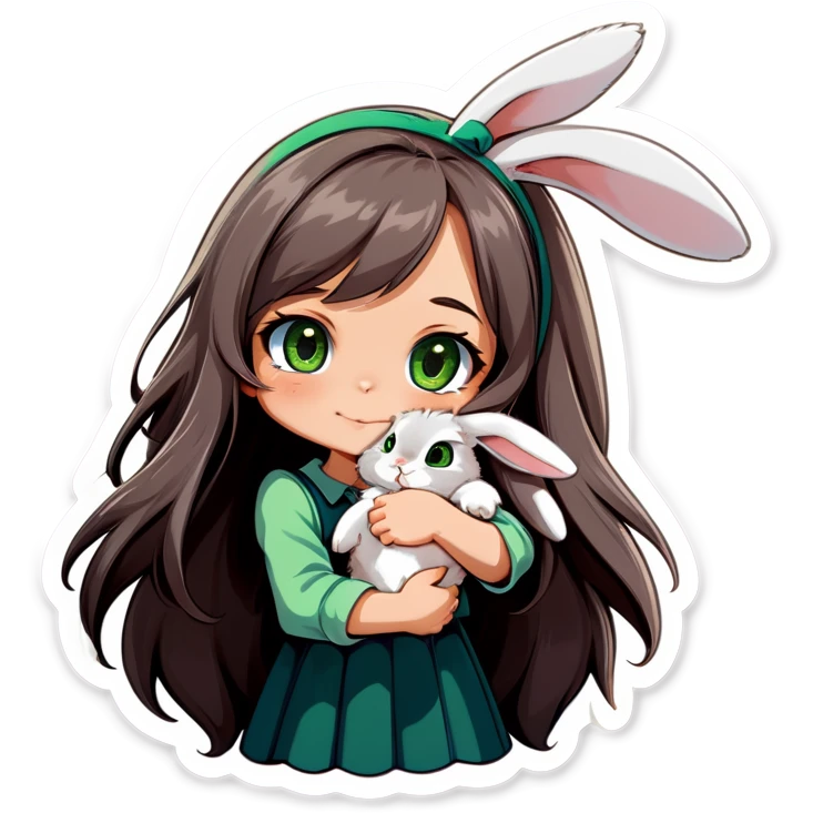 A grey, floppy eared bunny being held by a girl with long brown hair and green eyes. emoji