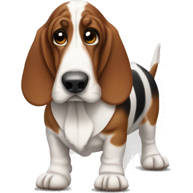 Basset hound with brown and white spots in a tutu emoji