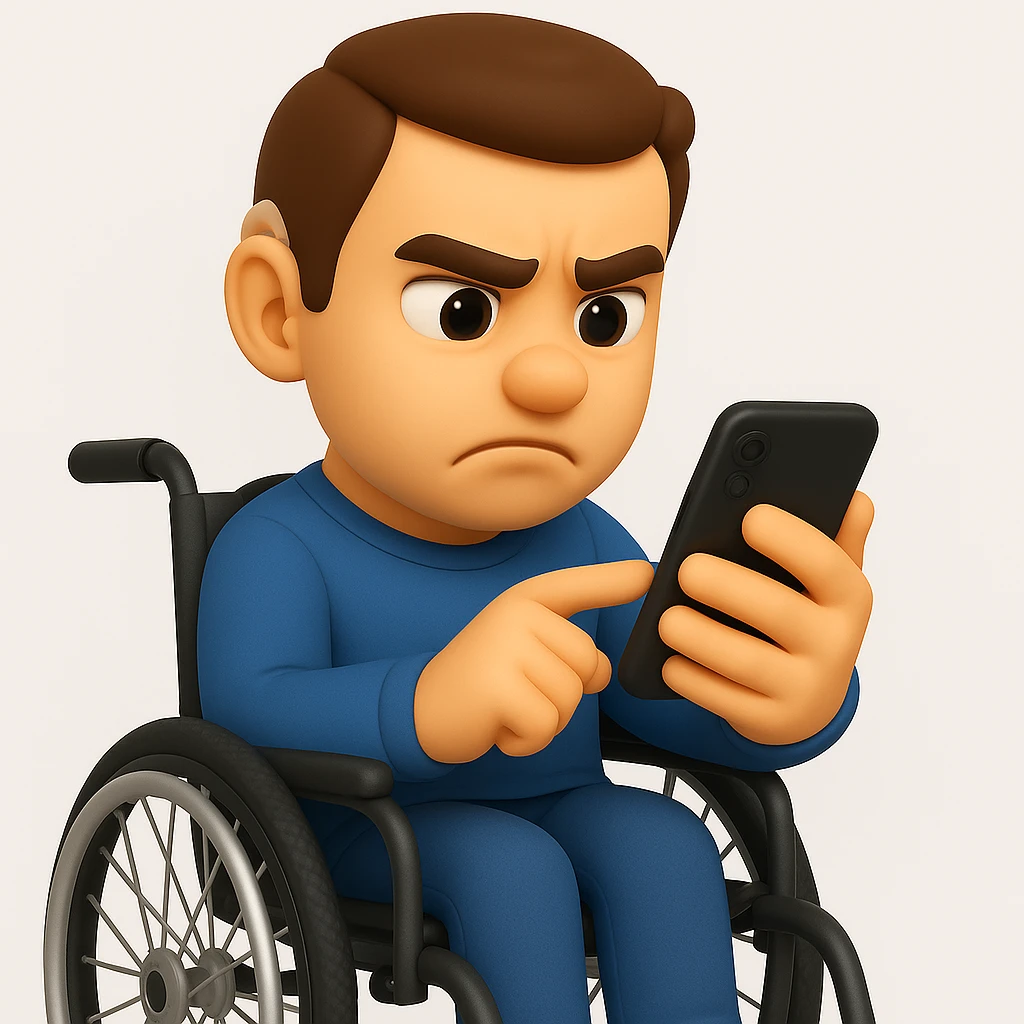 Add a modern wheelchair, keeping the man in the same 3D emoji style and pose, with the hearing aid still visible. emoji