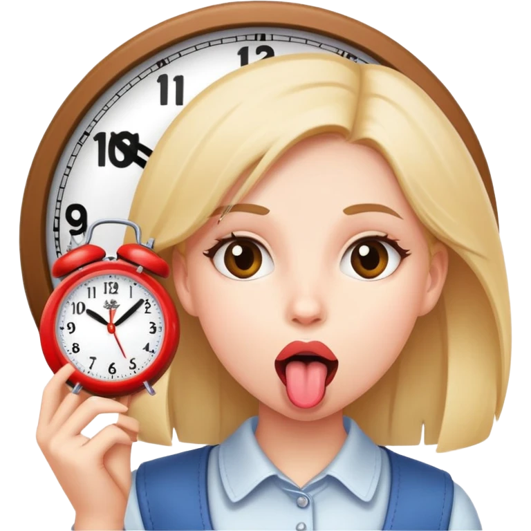 A girl with her tongue out with a clock in her hand emoji