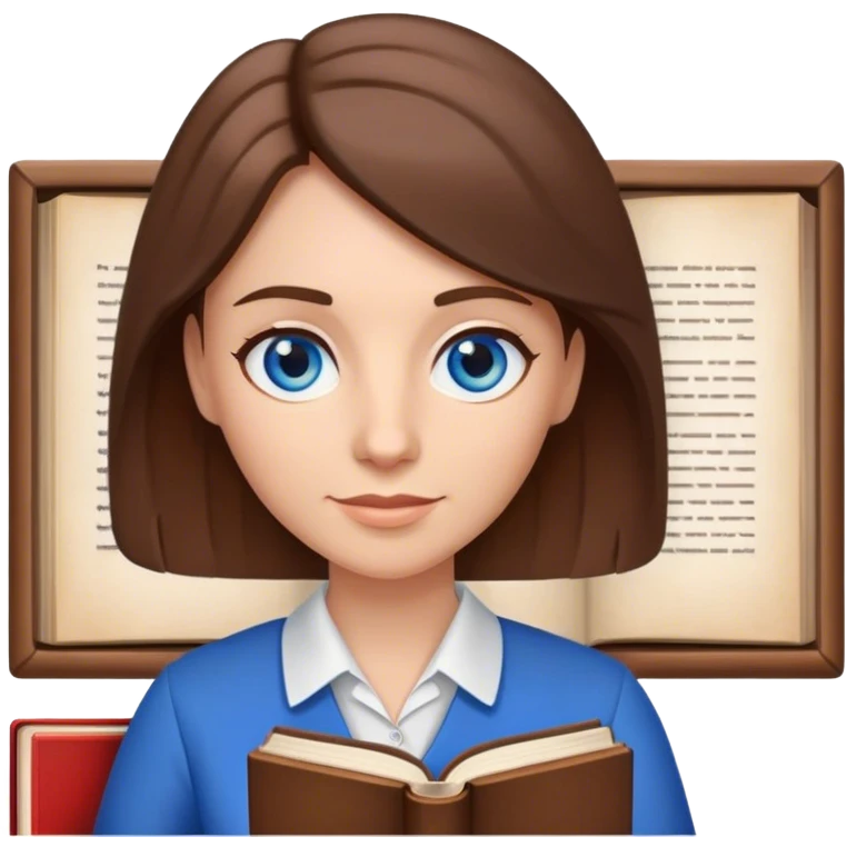 A teacher with blue eyes and brown hair, in a clip with a book in her hand emoji