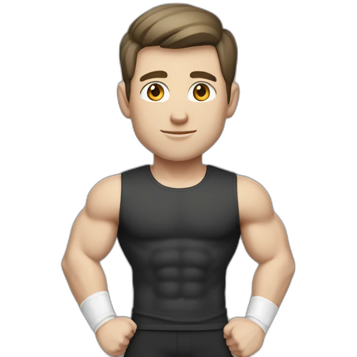 Pale skinned Fit Man With the biceps and dark brown hair in black shirt, gray sports shorts and white Sneakers emoji
