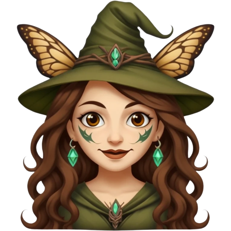 mischievous forest witch woman long wavy brown hair tattoos smirk moth emoji