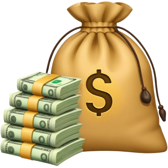 money bag and stack of dollars placed with it emoji