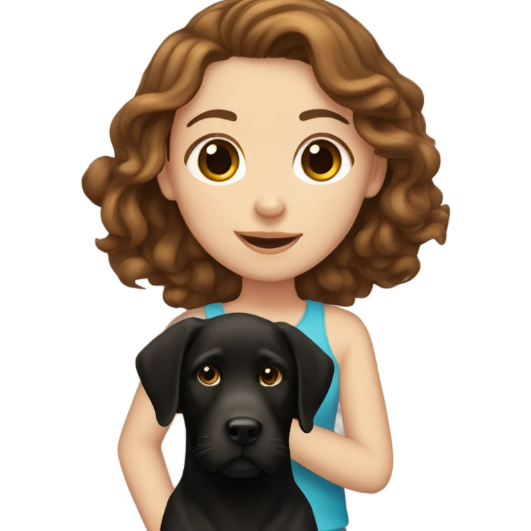 White girl with wavy brown hair holding a black Labrador emoji