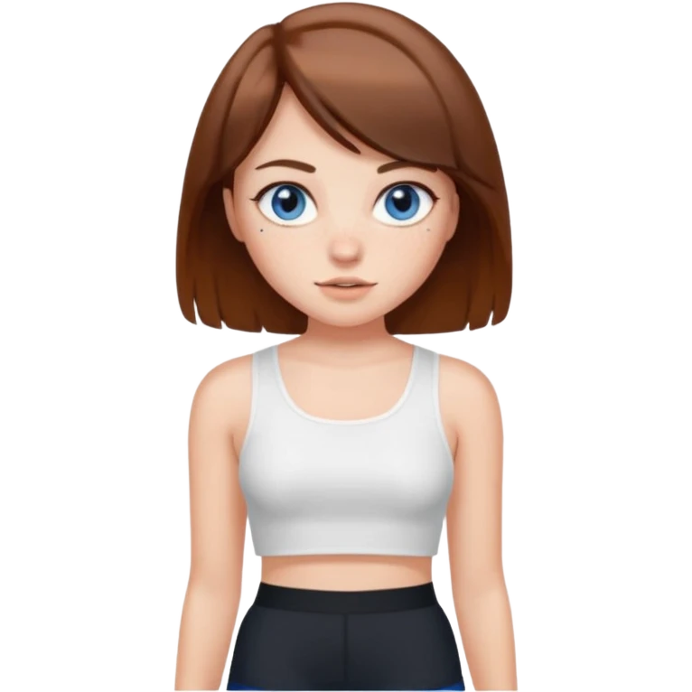 Brown haired girl with bob and blue eyes and freckles and white crop top and black shorts emoji