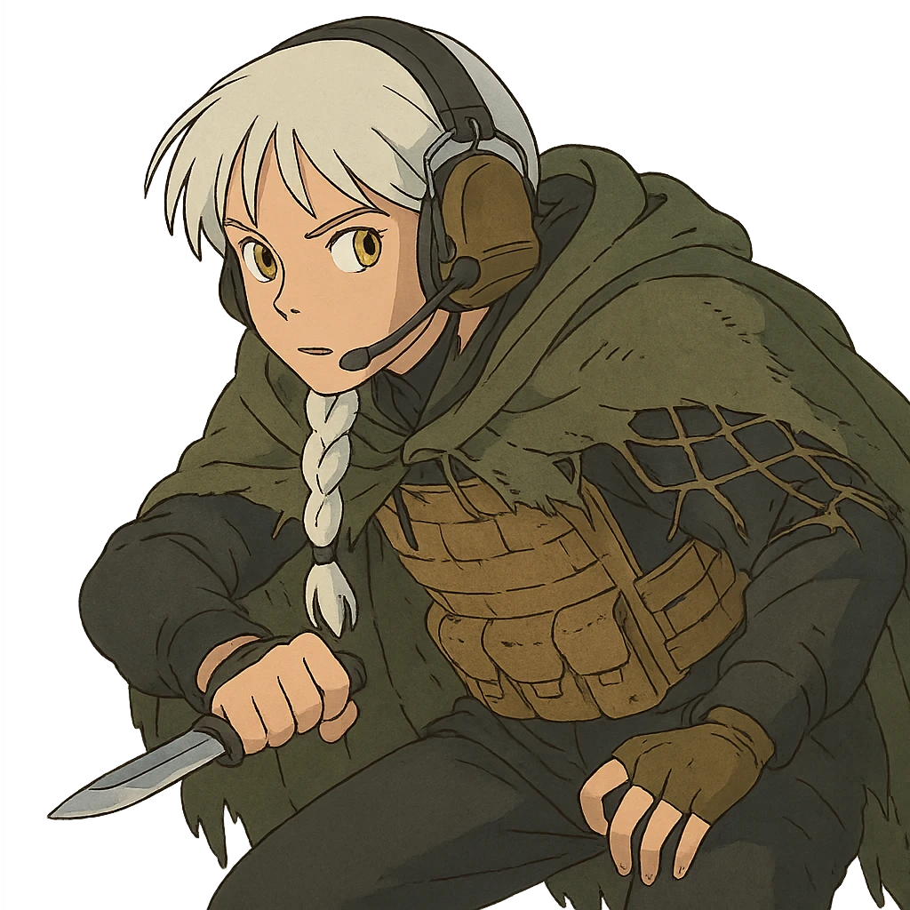 1 female, mid 20's, white hair in a long braid, gold yellow eyes, adorned in a black long sleeve shirt, tan body armor and a worn olive-green cloak with netting holding it together. She wears a COMTAC headset. she is hunched slightly, stealthily, focused on her target, holding a small combat blade at the ready emoji