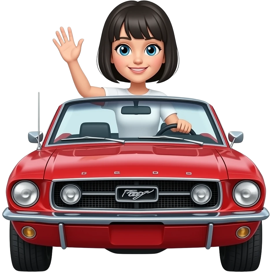 Girl with black hair driving a red Ford Mustang 1968 coupe and waving. emoji
