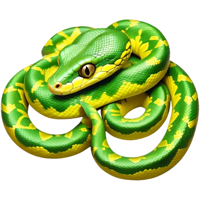 cinematic-green tree python-realistic-full-body-coiled-emoji,-thick-scaled-body-looped-tightly,-intricate-tellow and green-patterned-scales-reflecting-light,-head-tilted-dramatically,-slitted-eyes-staring-calmly,-simplified-yet-realistic-focused-feature emoji
