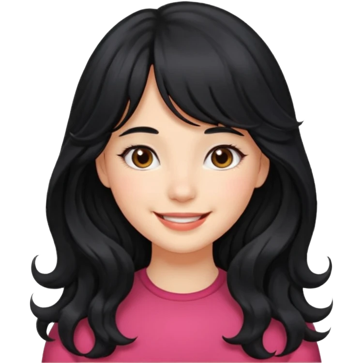 Please generate a portrait of a pretty girl with long, wavy, black hair. She's smiling. She also wears a middle parting and bangs. emoji