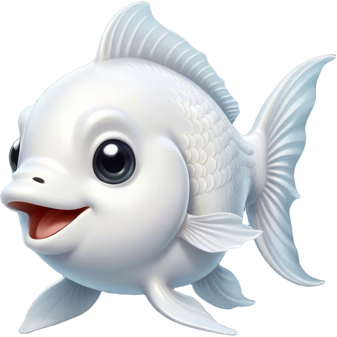 Cinematic Comical White Goldfish Portrait Emoji, Head tilted dramatically with an exaggeratedly amused expression, featuring a striking, glossy pure white body with elegantly fluttering fins, wide, expressive pale eyes filled with playful disbelief, Simplified yet hilariously expressive features, highly detailed, glowing with a slightly sassy glow, high shine, dramatic yet playful, stylized with an air of cheeky mischief, bright and endearing, soft glowing outline, capturing the essence of a spirited and over-the-top goldfish, so meme-worthy it feels like it could side-eye its way into internet fame instantly! emoji
