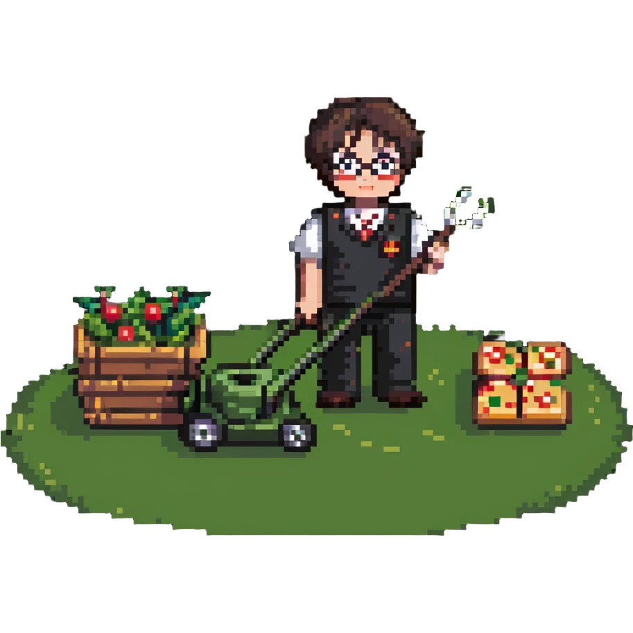 Harry Potter mowing the lawn with pizza emoji