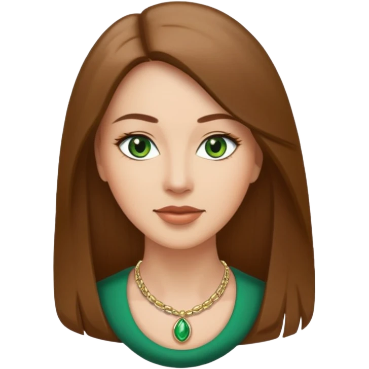 Adult woman avatar, light skin tone, oval face, straight long brown hair, green eyes, neutral mouth, elegant  emoji