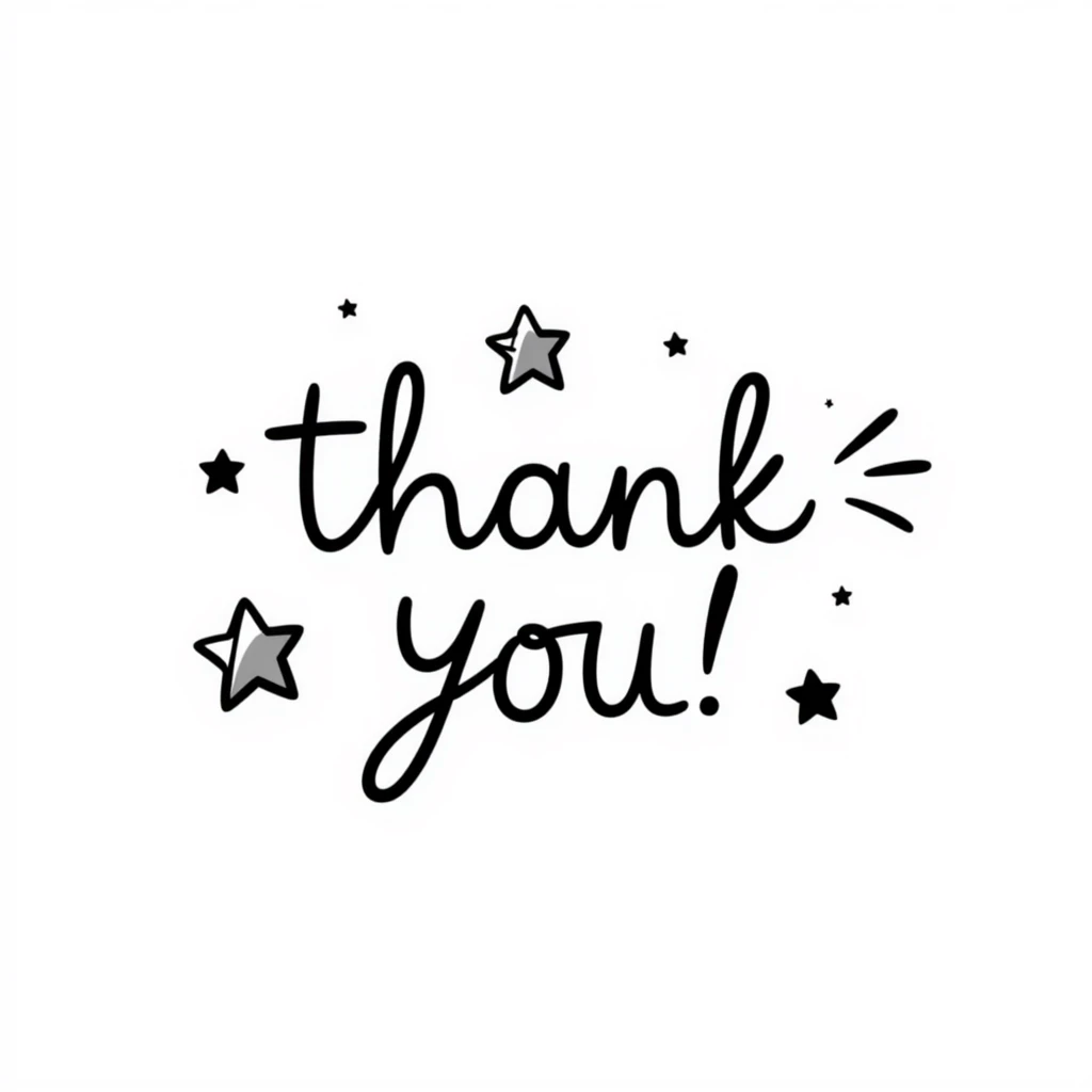 hand drawn 'Thank You' text with stars and swirls, doodle style emoji