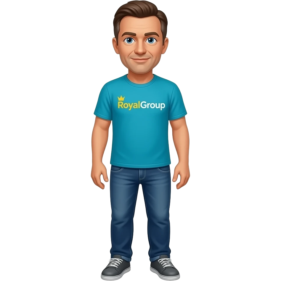 man in 40s, light to medium tone skin, very short brown hair, blue eyes, aqua-blue t-shirt with letters-only logo "RoyalGroup" connected words - 'Royal' in goldenrod yellow and 'Group' in white, jeans, dark gray sneakers emoji