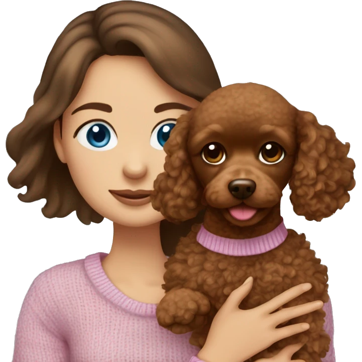Pretty blue eyed tan girl with brown hair in a pink sweater holding a brown sweet toy poodle emoji